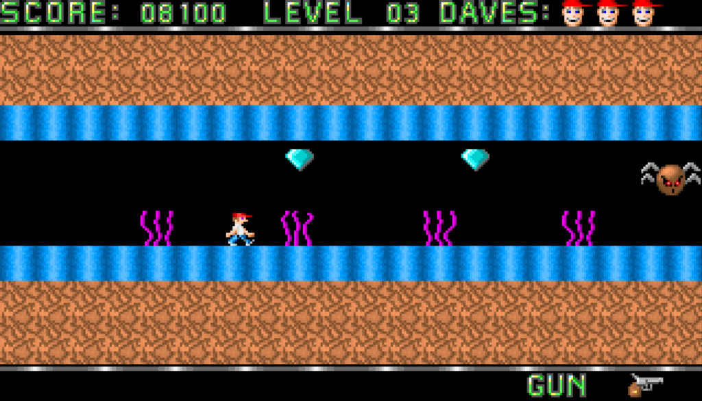 Dangerous Dave 1 in der VGA-Version von 1990, entwickelt von John Romero bei Softdisk. Die erste Version erschien 1988 für den Apple II mit sechs Farben