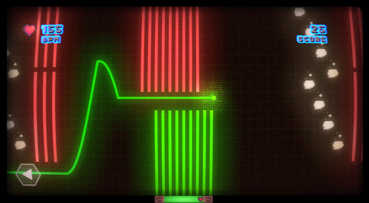Screen vom Game Heart-Liner - die EKG-Linie schießt zwischen zwei Hindernissen hindurch
